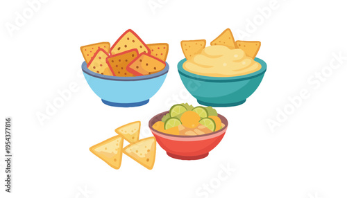 A colorful illustration of bowls of chips and dip for snacking