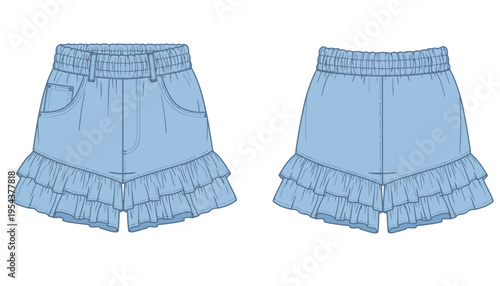 A blue ruffled skirt illustration with front and back views