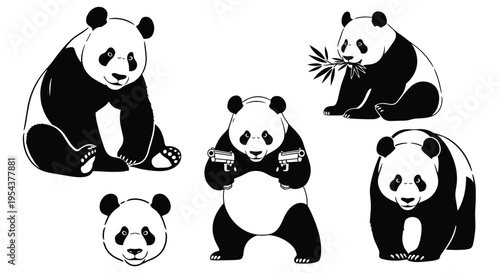 Black and white panda bear character set featuring various poses eating bamboo holding guns and face icons isolated on white.