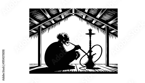 Hookah silhouette illustration of a man smoking in a hut