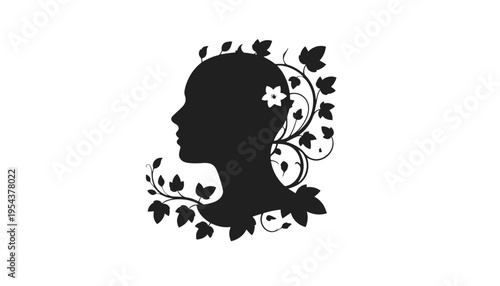 A beautiful woman silhouette with floral design and leaves illustration