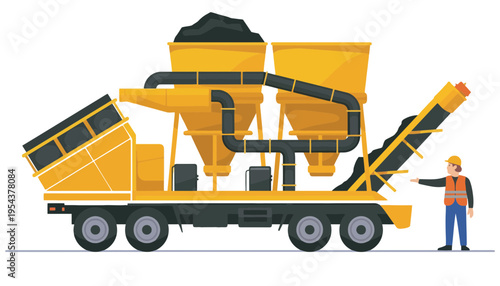 Cement mixer truck icon illustration with a worker in a hard hat