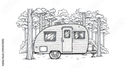 Vintage Camper Trailer in Forest - Black and White Line Art Illustration