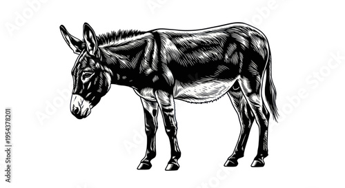 Detailed Black and White Sketch of a Donkey Standing on White Background