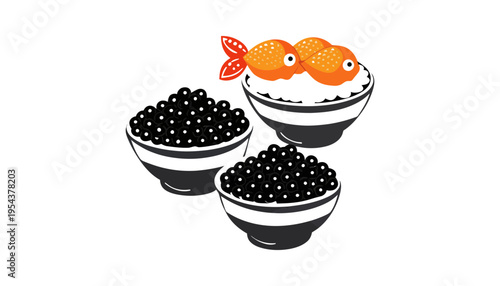 Caviar bowls with fish on top, a luxurious food illustration