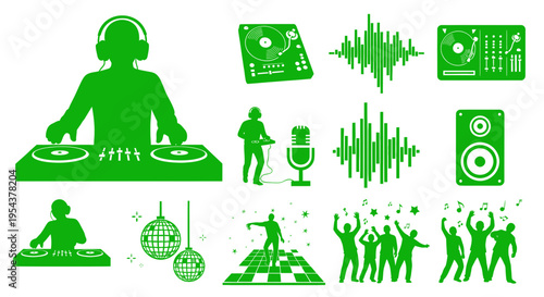 Foto DJ Icon Set: Turntables, Headphones, Sound Waves, Disco Ball, Dancing People