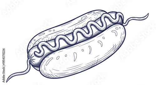 Hand-Drawn Hot Dog with Mustard, Sketch Style