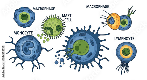 Human Immune System Cells: Macrophage, Monocyte, Mast Cell, Lymphocyte