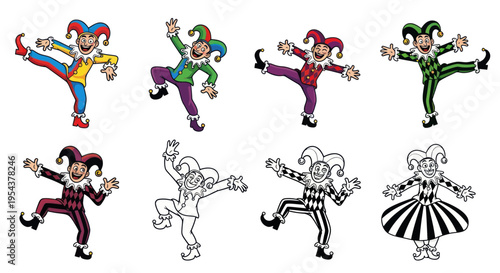 Jester Characters Set: Colorful & Black White Illustrations