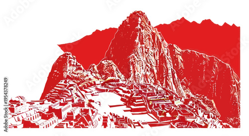 Machu Picchu Ancient Inca Citadel in Andes Mountains, Peru - Stylized Red Graphic