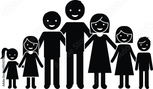 Black Flat Icon Silhouette of Large Happy Family with Parents and Four Children Smiling Together Isolated on White Background for Unity