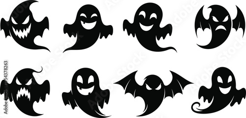 Black Ghost Silhouette Vector Set Featuring Spooky Scary and Funny Floating Spirits with Different Facial Expressions Isolated on White Background