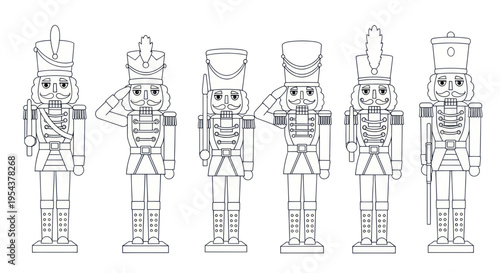 Row of Six Nutcracker Soldiers Standing Guard, Black and White Outline Drawing