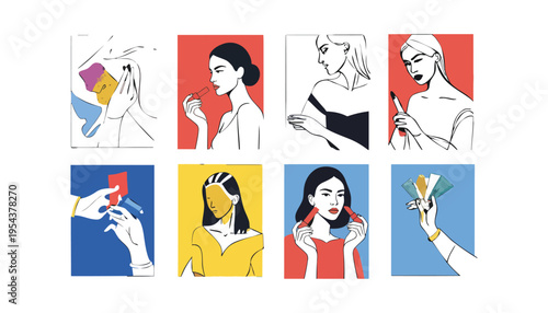 A woman applying colorful makeup in a modern minimalist illustration style