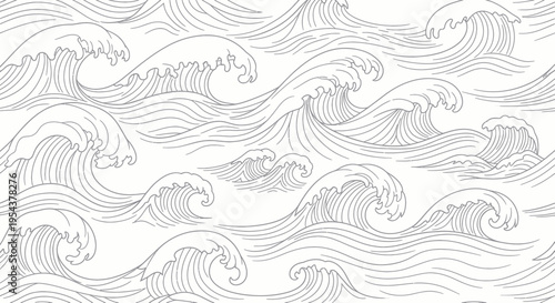 Seamless pattern of stylized ocean waves in line art style, minimalist design