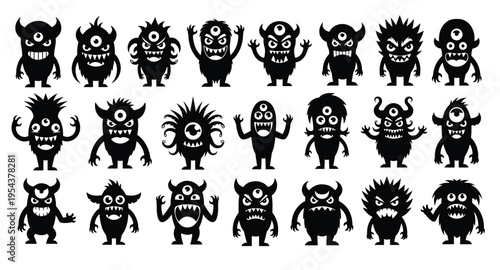 Black Silhouette Collection of Cute One Eyed Monster Characters with Horns and Spikes for Halloween Design Mascot Branding and Illustration