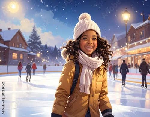A young girl, wearing a winter coat, hat, and scarf, smiles brightly at the viewer while ice skating on an outdoor rink, with others skating in the background