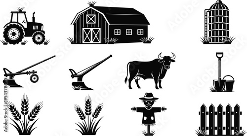 Black and white vector illustration of farm elements including tractor, barn, silo, cow, plow, scarecrow, wheat, fence, and tools, artwork concept for agriculture and rural design projects