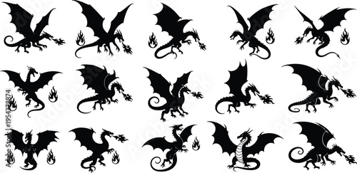 Black Silhouette Collection of Mythical Fire Breathing Dragons in Various Flying Poses for Fantasy Games Mythology Design Tattoo Art and Illustration