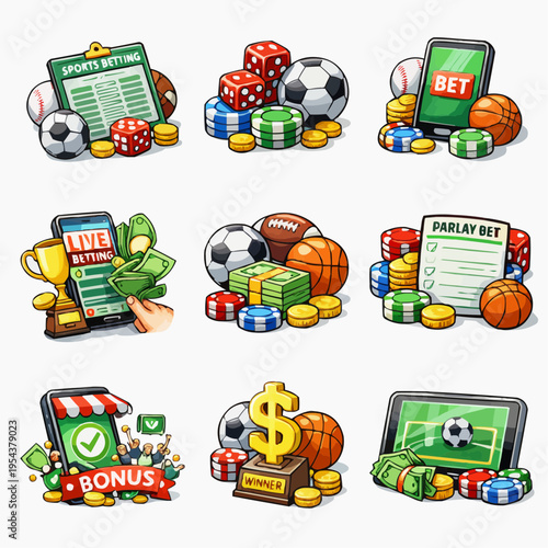 Colorful sports betting icon collection with mobile apps casino chips dice money trophy bonus slip and soccer basketball and football elements isolated on white for gaming promotion design