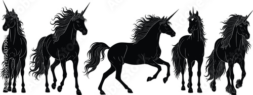 Black Silhouette Collection of Mythical Unicorns in Various Poses for Fantasy Design Fairytale Illustration Magic Theme Projects and Children Storybooks