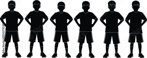 Black Silhouette Collection of Young Boys Standing in Row with Hands on Hips for Youth Sports Team Education and Childhood
