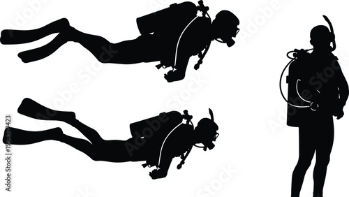 Black silhouette illustration of scuba divers in swimming and standing positions with fins and tanks, symbolizing underwater exploration, diving sport, marine life, and creative artwork projects