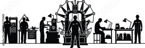 Black silhouette illustration of seven industrial workers at manufacturing workstations with machinery, symbolizing factory production, automation, engineering, labor, and creative artwork projects