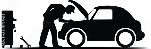 mechanic, repairing, car, engine, silhouette, auto, service, maintenance, garage, technician, vehicle, repair, workshop, tools, breakdown, inspection, automotive, fixing, hood, open