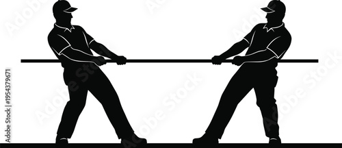 Black silhouette illustration of two individuals engaged in tug-of-war with rope, symbolizing competition, teamwork, conflict resolution, balance, strength, and creative artwork projects