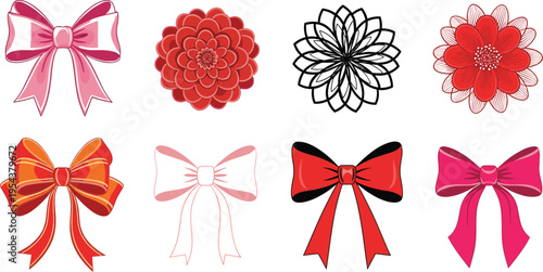 Decorative Ribbon Bows and Floral Elements Vector Set with Elegant Red Pink Gift Ribbons, Rosette Flowers, and Hand Drawn Ornament Designs