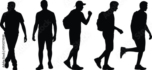Male walking silhouettes with backpacks, casual men street poses, urban lifestyle activity, black vector illustration, isolated figures, daily motion concept