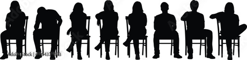 Black vector silhouette set of diverse people sitting on chairs for concepts of waiting room audience seminar and corporate branding,