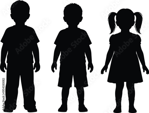 Black Silhouettes of Two Little Boys and One Girl with Pigtails Standing Isolated on White Background for Education and Friendship Concepts