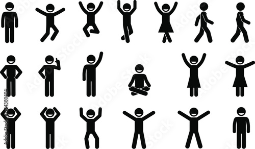 Black vector icon set of stick figure people for concepts of human emotion celebration activity success community movement and branding,