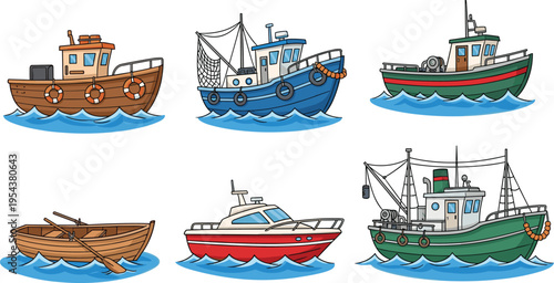 Colorful cartoon illustration of six different boats including fishing vessels, rowboat, speedboat, and trawler, artwork concept for watercraft, transportation, fishing,