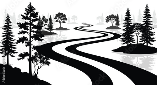 Black vector silhouette of a winding road through a forest for concepts of travel nature adventure journey path and environmental branding,