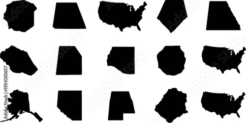 Detailed silhouettes of United States of America and various individual states