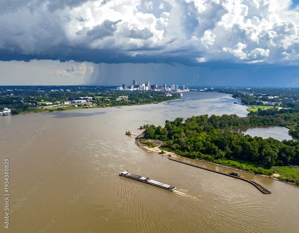 custom made wallpaper toronto digitalAerial view captures a wide river flowing toward a distant cityscape under a dramatic, cloudy sky with a barge