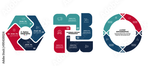 Collection of circle infographic sets with 4 step options for business presentations with icons. Venn diagram with 4 options. Vector editable eps