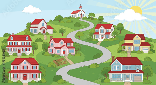 Colorful Cartoon Suburban Neighborhood Landscape Featuring Cute Houses on Green Hills with a Winding Road Leading to a White Church