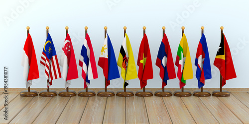 Photography Association of South East Asian Nations flags. 3D illustration