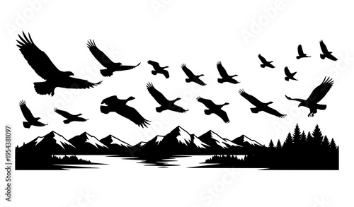 Bird icon pack flying over mountains lakes forests and sunset skies vector