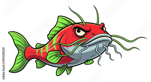 Angry Red Catfish Cartoon Character with Green Fins and Whiskers