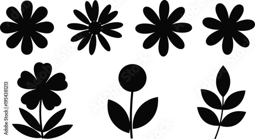 Black vector silhouette set of flowers and leaves for concepts of spring nature gardening floral decoration organic design and environmental branding,