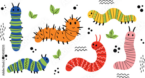 Cute Caterpillar and Worm Collection with Colorful Cartoon Insects Garden Bugs Nature Kids Friendly Vector Illustration Set