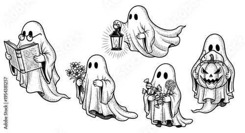 Cute Halloween Ghosts Collection: Reading, Lantern, Flowers, Candy, Pumpkin Carving