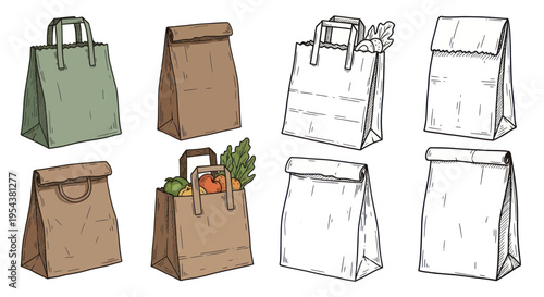 Eco-friendly paper grocery bags with handles, some filled with fresh produce, hand-drawn illustration
