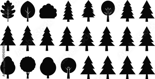 Black vector silhouette set of various forest trees for concepts of nature environment outdoor landscape conservation park and organic branding,
