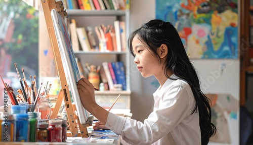 A young girl, with long dark hair, concentrates while painting on a canvas on an easel, brushes, paints, a window